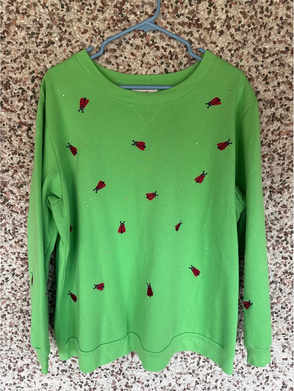 Quacker Factory Green Ladybug Embroidered Rhinestone Sweatshirt 1X